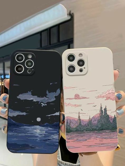 Matching Painted Phone Cases, Phonecase Painting Idea, Phone Case Painting Ideas, Aesthetic Phone Case Design, Custom Phone Cases Diy, Couple Landscape, Phonecase Ideas, Phone Case Painting, Phone Cases Aesthetic