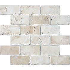 Tumbled Ivory Travertine Brick Mosaics - 2 Inches x 4 Inches Ivory Travertine, Brick Kitchen Backsplash, Travertine Backsplash, Kitchen 2024, Mosaic Backsplash Kitchen, Charleston Style, Rustic Country Kitchens, Country Kitchen Designs, Herringbone Backsplash