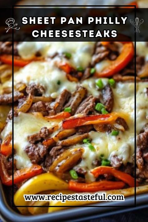 Enjoy these easy-to-make Sheet Pan Philly Cheesesteaks, featuring tender beef, colorful vegetables, and melted Swiss cheese, all cooked on one tray for minimal cleanup. Perfect for a hearty family dinner! Philly Cheesesteaks, Swiss Recipes, Colorful Vegetables, Philly Cheesesteak, Tender Beef, Quick Weeknight Meals, Philly Cheese Steak, Sheet Pan Dinners, Swiss Cheese