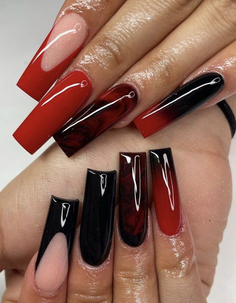 Red N Black Nails Acrylic, Red And Gray Nails Acrylic, Red Emo Nails Acrylic, Black And Red Acyrilics Nails, Long Red And Black Acrylic Nails Design, Long Acrylic Nails Red And Black, Nail Designs Red Bottoms, Red Black And White Acrylic Nails, Nail Art Y2k Red