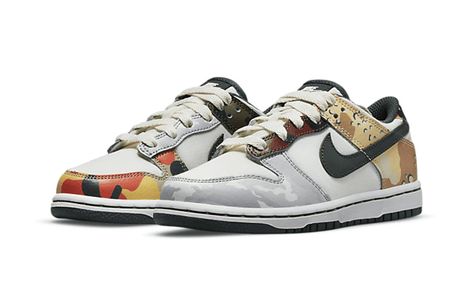 The Nike Dunk Low SE PS ‘Sail Multi-Camo’ is perfect for little ones who want a shoe that looks just like their dad’s. With mismatched leather overlays in clashing military-inspired prints, this shoe is sure to turn heads. The dark green accents give the shoe a touch of sophistication, while the woven tongue tag and embroidered heel tabs add an extra bit of personality. Dunks Outfit, Camo Sneakers, Embroidered Heels, Dunk Low Nike, Teenage Fashion, Fall Inspo, Hype Shoes, Nike Dunk Low, Dunk Low