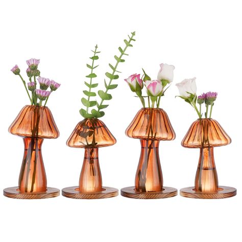 PRICES MAY VARY. ☀【Handcrafted Plant Propagation Station】Each set includes 2 large mushroom vases, 2 small mushroom vases, and 4 wooden bases. Made from thick high borosilicate glass, each piece is handcrafted, giving each vase a slightly unique shape. The natural tones of the mushroom vases give an eclectic and natural feel, adding a cute and cool charm to any room. When light shines through, it brings a warm tone. Whether displaying flowers, green plants, or as a centerpiece on the dining tabl Mushroom Table Decor, Mushroom Wedding Decor, Mushroom Vases, Home Decor Brown, Small Mushroom, Thanksgiving 2024, Vases For Flowers, Indoor Greenery, Large Mushroom