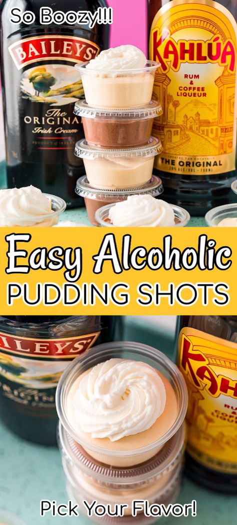 Chocolate Pudding Shots, Pudding Shot Recipes, Jello Pudding Shots, Alcoholic Desserts, Dessert Shots, Caramel Pudding, Pudding Shots, Sugar Free Pudding, Jello Shot Recipes