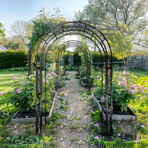 This elegant arches trellis is adorned with intricately crafted curved lines and different decorative patterns, add depth to the overall design, creating a romantic and magical ambiance that certainly support your climbing plants and vines in a beautiful… Diy Trellis Archway, Metal Archway, Trellis Pergola, Metal Garden Arch, Outdoor Statues Sculpture, Metal Arbor, Pergola Outdoor, Garden Patios, Garden Arch Trellis