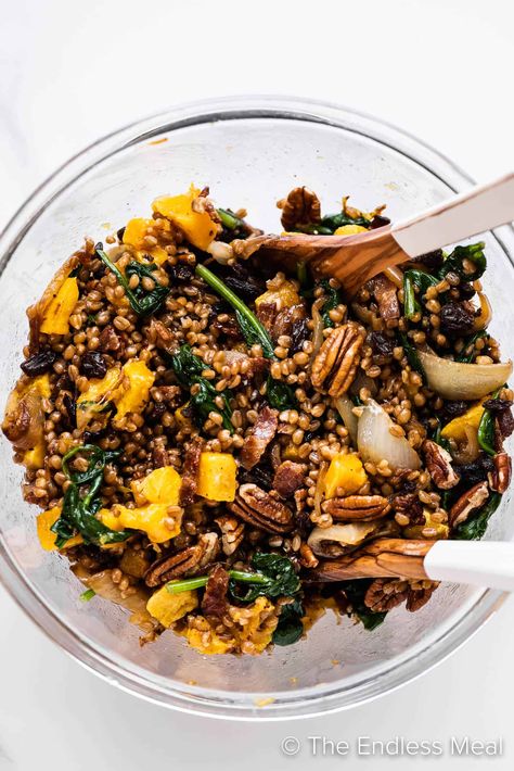 Wheat Berry Recipes Dinners, Wheatberry Recipes, Wheat Berry Recipes, Wheat Berry Salad, Focus Foods, Caramelized Onions Recipe, Wheat Berry, Sweet Dressing, Butternut Squash Salad