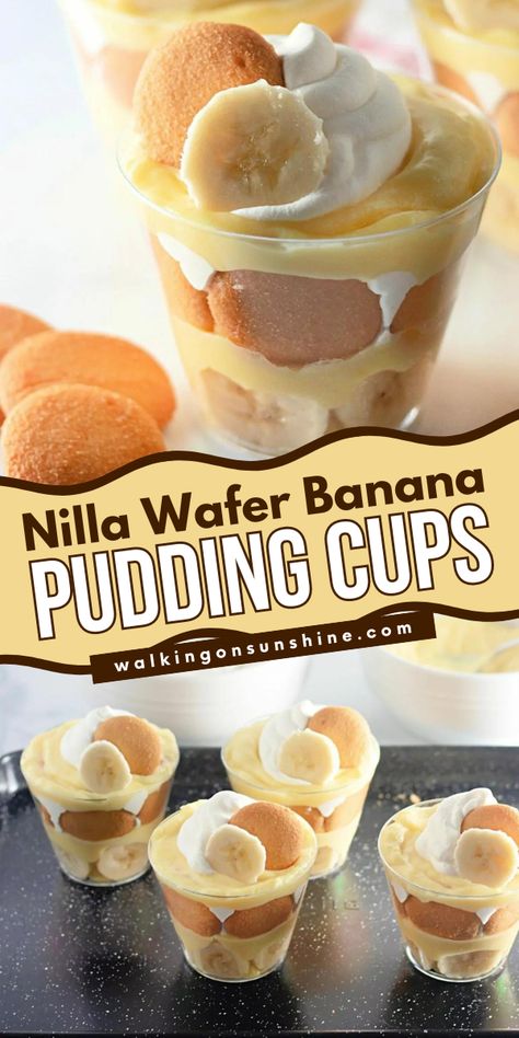 A no bake dessert recipe to satisfy your sweet tooth! This banana Nilla Wafer dessert is a delicious, simple sweet treat that's made with vanilla pudding, bananas, whipped cream, and Nilla Wafer cookies. Save these mini banana pudding cups for later! Banana And Vanilla Wafer Dessert, Vanilla Pudding Wafer Dessert, Banana Pudding In A Cup Recipe, Easy Banana Pudding Parfaits, Mini Banana Pie Cups, Banana Pudding Cups Easy, Banana Pudding Nilla Wafer Recipes, Banana Pudding Appetizer, Individual Banana Pudding Cups Parties