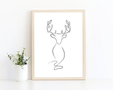 Reindeer Line Art, Winter Line Art, Deer Line Drawing, Deer Line Art, Reindeer Tattoo, Deer Outline, Deer Head Tattoo, Line Drawing Tattoos, Hirsch Tattoo