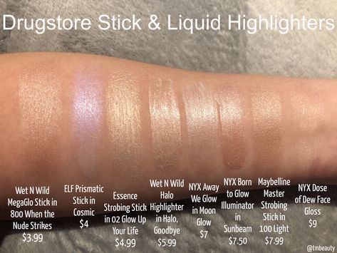 Drugstore Stick & Liquid Highlighters Swatches Drugstore Highlighter Stick, Best Highlighter Stick, Liquid Highlighter Drugstore, Drugstore Liquid Blush, Best Liquid Highlighter, Highlighter Drugstore, Best Drugstore Highlighter, Liquid Highlighter Makeup, Makeup Equipment