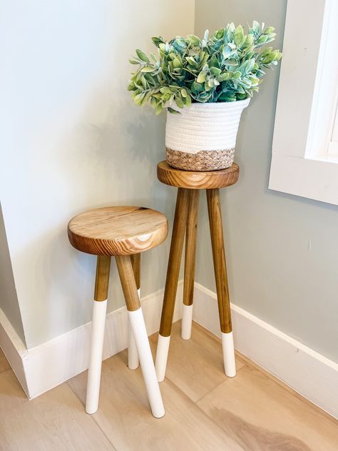 "This is a set of 2 Handmade Wooden Stools that can be used to match any of your decor needs. Perfect as a plant stand, accent stool, or small table! Each item is hand turned and made to order! These two stools have an 10\" top. Please select the heights you would like for the two stools to be.  In this bundle, one stool comes with straight legs and one stool comes with twisted legs.   If you would like a specific size to be the twisted legs, please message me. Otherwise it may vary.  Message me Plant Stand Stool, Plant Stand Makeover, Plant Stool, Paint Styles, Plant Stand Wood, Bar Stool Makeover, Diy Bar Stools, Handmade Stool, Wooden Plant Stand