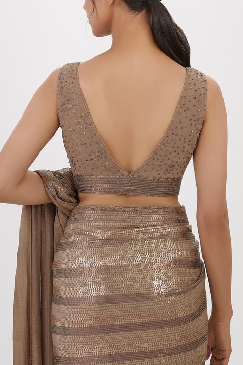 Buy Nakul Sen Grey Chiffon Stripe Pattern Saree With Sleeveless Blouse Online | Aza Fashions Lehnga Blouse Designs Sleeveless, Blouse Designs For Sequin Saree, Lehriya Blouse Designs Latest, Trendy Blouse Designs Sleeveless, V Shape Blouse Designs Latest, V Neck Blouse Designs Saree, V Neck Sleeveless Saree Blouse, Back V Neck Blouse Design, Stylish Blouse Design Unique Back 2024