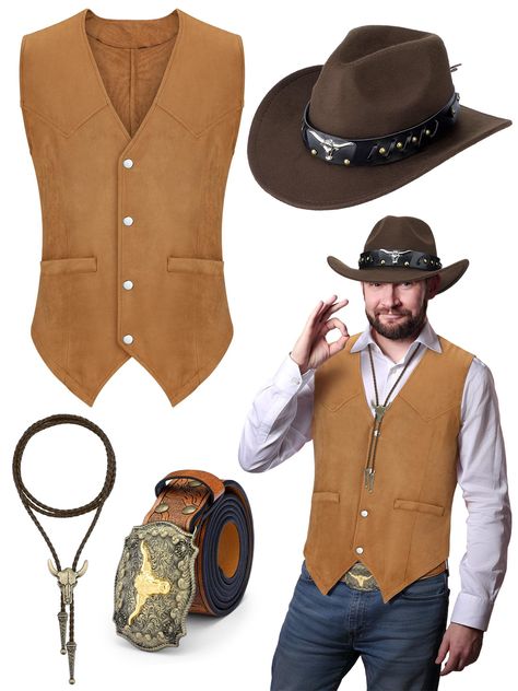 PRICES MAY VARY. Complete Western Look: unleash your inner cowboy with this inclusive set featuring 1 men's cowboy vest, 1 western cowboy hat, 1 cowboy buckle belt and 1 western vintage bolo necktie; This meticulously crafted set create an authentic cowboy look, ideal for role plays, themed parties or casual day out Reliable and Sturdy: meticulously constructed using quality materials like soft artificial suede leather for the vest, artificial wool and satin interior for the hat, and alloy and l Cowboy Bolo Tie, Cowboy Vest Outfit Men, Cowboy Looks For Men, Cow Boy Outfit For Men, Modern Western Men’s Fashion, Western Cowboy Outfit For Men, Wild West Theme Outfit, Cowboy Look Men Style, Mens Cowboy Costume