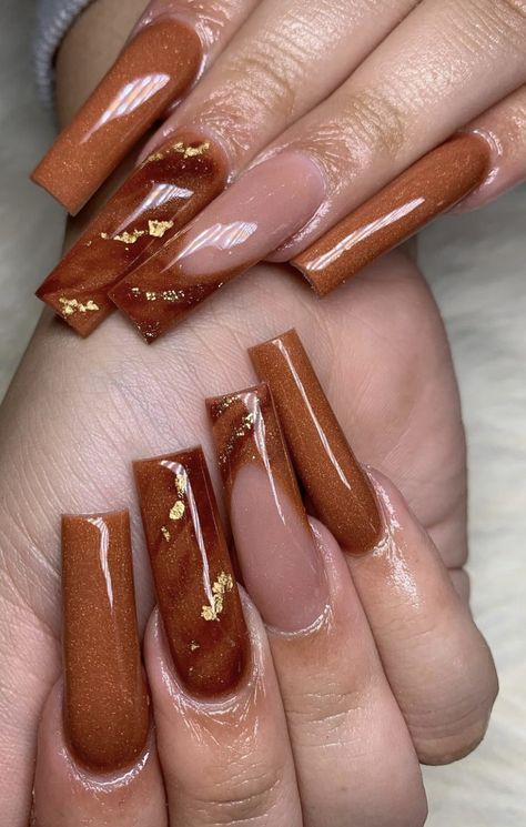 Copper Brown Nails Acrylic, Burnt Orange Nails Acrylic With Design, Orange Nail Designs Fall Autumn, Burnt Orange Nails Black Women, Rust Color Nails Acrylic, Cinnamon Nails Acrylic, Fall Nails Ideas Autumn Burnt Orange, Rust Acrylic Nails, Dark Orange Nails Acrylic