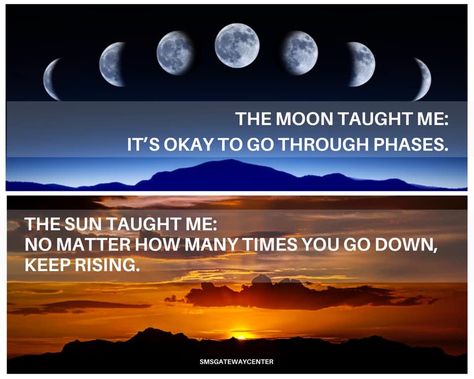 #QuoteOfTheDay #LifeQuotes The moon taught me: It’s okay to go through phases.  The sun taught me: No matter how many times you go down, keep rising. #SMSGatewayCenter Join us on #Telegram, https://t.me/smsgatewaycenter/ The Moon Taught Me, Eternal Love Quotes, Moon And Sun, Eternal Love, No Matter How, Spiritual Awakening, Its Okay, Food For Thought, Beautiful Quotes