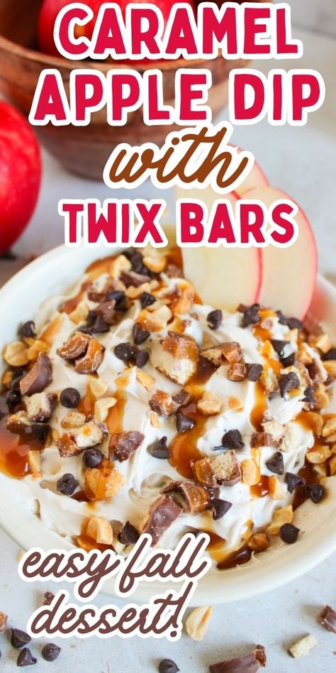 Caramel apple dip with Twix bars in a white bowl. Apple Dessert Dip, Cinnamon Roll Apple Pie Cups, Twix Bars Recipe, Marshmallow Fluff Fruit Dip, Pan Dinner Recipes, Apple Pie Cups, Sweet Dip, Caramel Apple Desserts, Pie Cups