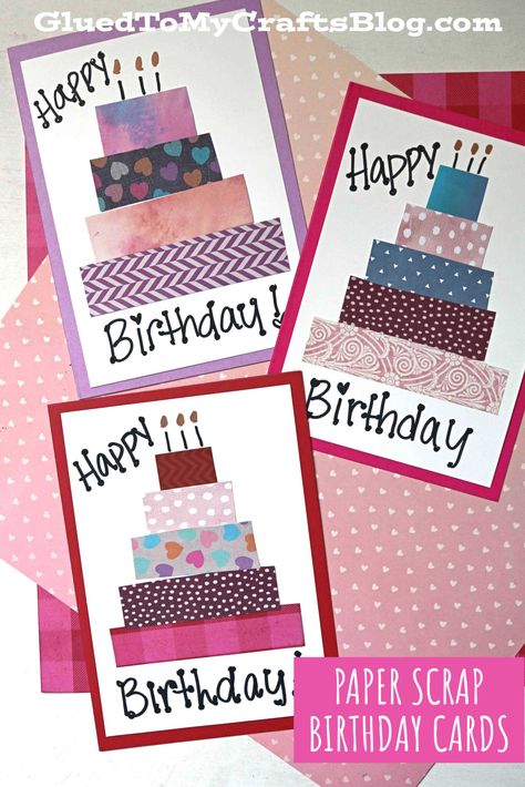 Handmade Paper Scrap Birthday Cards - Craft Idea Washi Tape Birthday Cards Diy, Diy Cards To Sell, Homemade Birthday Cards For Men, Simple Handmade Birthday Card Ideas, Easy Handmade Birthday Cards Ideas, Easy Birthday Cards Diy Simple, Birthday Cards Diy Handmade Easy, Kids Birthday Cards Handmade, Easy Handmade Birthday Cards