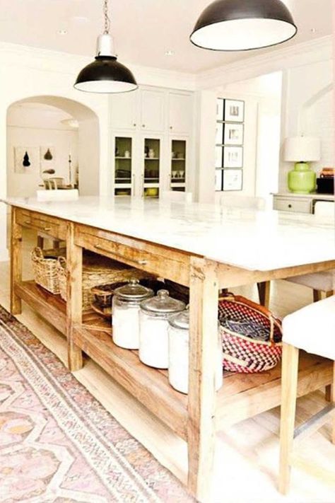 Island Without Seating, Kitchen Island Without Seating, Farmhouse Kitchen Designs, Kitchen With Open Shelving, Open Kitchen Cabinets, Homestead Kitchen, Large Open Kitchens, Rustic Ideas, Barn Kitchen