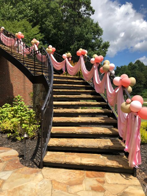 Staircase Birthday Decorations, Baby Shower Staircase Decor, Stairs Balloon Decoration, Stairwell Decor, Royal Fiveness, Dance Party Decorations, Party Gazebo, 1st Birthday Princess, Prom Backdrops