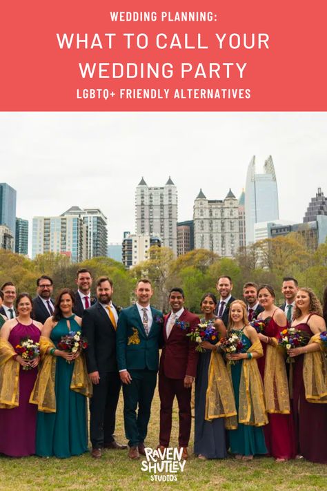 Looking for bridal party alternatives and gender-neutral wedding party names? Check out this list Nontraditional Bridal Party, Gender Neutral Wedding Party Proposal, Wedding Party Multiple Colors, Bridal Party Alternatives, Queer Wedding Party, Gender Neutral Bridal Party, Gender Neutral Wedding Party, Mixed Gender Bridal Party, Mixed Gender Wedding Party