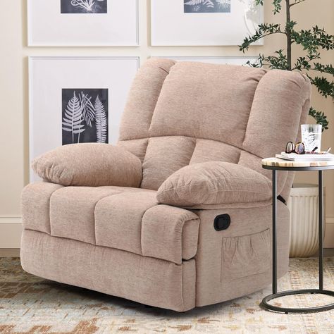 PRICES MAY VARY. OVERSIZED RECLINER CHAIR FOR ADULTS：This oversized recliner chair overall dimension is 40.1"(L) x 38.2"(W) x 40.6"(H),seat size is 22.8"(L) x 22.8"(W). Particularly suitable for use in living rooms or bedroom. Kindly please confirm the size before buying.Weight capacity of up to 350 lbs EASY TO ASSEMBLE: The oversized rocker recliner takes only 5 minutes for one person to set up and requires no tools.Allowing you to immediately enjoy the leisure time brought by the swivel rocker Recliner Rocking Chair, Boho Recliner, Recliner Chair In Living Room, Farmhouse Recliner, Farmhouse Recliner Chairs, Furniture For Small Living Room, Comfy Recliner, Best Recliner Chair, Posing Reference