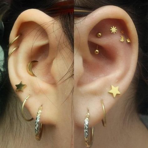 Pieces Ear Piercing, Cute Piercing Set Up, Bunch Of Ear Piercings, Earring Set Up, Full Ear Piercing Ideas, Different Ear Piercings Ideas, Ear Piercing Set Up, Earring Placement Ideas, Ear Piercing Sets