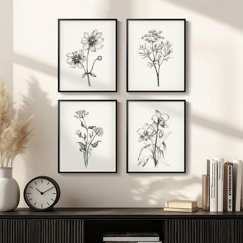 PRICES MAY VARY. [Framed Floral Wall Art]: A set of 4 pieces framed floral botanical prints in simple black and white patterns, each measuring 8x10 inches. The frames are made of durable, rust-resistant aluminum metal and feature a simple, stylish black frame that blends in beautifully with a variety of decor styles. [Canvas Painting Flower Wall Decor]: Our artwork is made of waterproof canvas, which is moisture-proof and easy to maintain. This canvas has a unique texture that can enhance the vi Hallway Wall Decor Farmhouse, Black And White Wall Art Living Room, Black And White Bathroom Art, Living Room Picture Frames, Black And White Posters Printable, Pictures For Kitchen Walls, Pictures For Bathroom Walls, Botanical Pictures, White Floral Decor