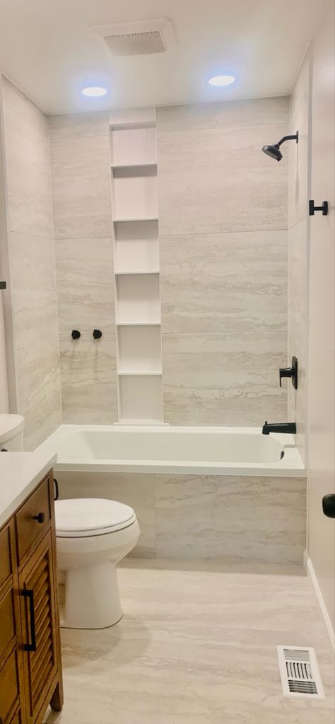 Side By Side Niche, Big Tile In Shower With Tub, Tub With Tile Walls And Niche, Guest Bath Tile Tub Surround, Large Tiles Around Bathtub, Bathtub Niche Ideas Built Ins, Tile On Front Of Tub, Tub Shower Combo Tile Surround, Bath Tiles Ideas Tub Surround