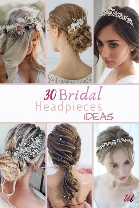 It’s all about bridal style! From head to toe. those small details, bridal accessories tie the bridal look all together. Check out my 30 bridal headpiece idea blog post and find your bridal look.  Amazing wedding hair accessories for every bride hairstyles from floral, crowns, crystal headband, half up half down, curly hair, down hairstyles, and updo, inspirations for wedding headpieces and hair jewelry that will fit perfectly to boho chic, vintage, modern and classic bridal dress. Best Wedding Hairstyles The Bride Half Up Half Down, Bridal Headpieces Hair Styling Tools, No Veil Wedding Hair Headpieces, Updos With Hair Pieces Bridal Headpieces, Hair Piece For Bride, Hair Jewelry For Wedding, Hair Accessories With Veil, Bride Head Pieces, Hairstyles With Accessories Headpieces