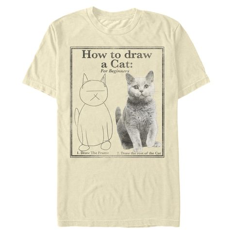 There's hope for even the least artistic of us with the Lost Gods How to Draw a Cat Cream T-Shirt. This helpful tee features a step-by-step guide to drawing your favorite household pet by following the instructions "How to Draw a Cat: For Beginners. 1. Draw the Frame. 2. Draw the rest of the Cat" printed beside a cat sketch. Draw A Cat, Cream T Shirt, Cat Sketch, Cat T Shirt, Men's Graphic T Shirt, Mens Tee Shirts, Cat T, Cat Print, Cat Tshirt