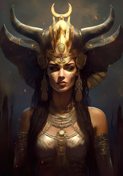 Egyptian Goddess Fantasy Art, Greek God Poseidon Art, Desert Dnd, Egyptian Goddess Hathor, Hathor Goddess, Sun Elf, Goddess Hathor, Egyptian Goddess Art, Ancient Egyptian Goddess