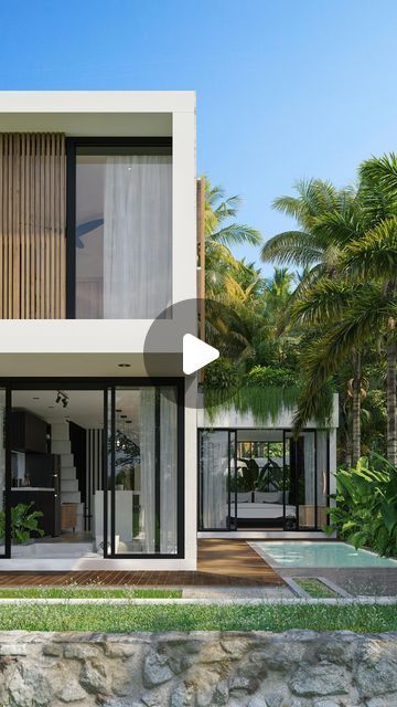 3 Bedroom Bali Villa Floor Plans, Villa Tropical Modern, Tropical Villa Exterior, 200sqm House Design, Bali Inspired Home Exterior, Bali Style Home Exterior, Modern Bali House, Design Villa Bali, Bali House Design Villas