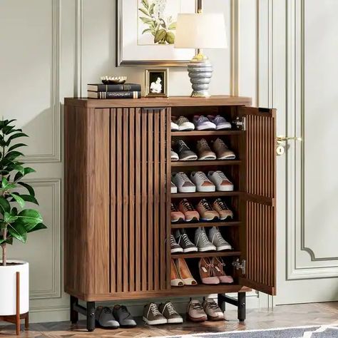 24 Pairs Shoe Storage Cabinet with Door for Entryway Living Room - Bed Bath & Beyond - 39807665 Wooden Shoes Rack Design, House Entrance Ideas Shoe Storage, Shoe Entryway Ideas Apartment, Shoe Rack Front Door, Shoe Rack Ideas Entryway Front Door, Japandi Shoe Cabinet, Show Storage Ideas, Entry Shoe Storage Ideas, Hallway Shoe Storage Ideas