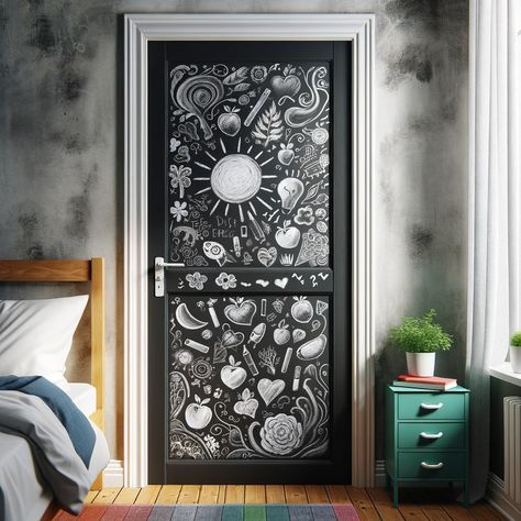 chalkboard paint bedroom door decor Decoupage Doors Ideas, Paint Bedroom Door, Front Door Painting Ideas Creative, Chalkboard Bedroom, Door Art Bedroom, Bedroom Door Decor, Painted Bedroom Doors, Chalkboard Door, Find Your Personal Style