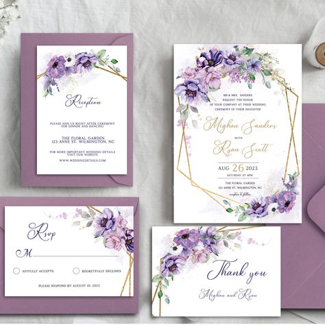 Description Purple Wedding Invitation Template, Wedding Suite, Wedding Invites, Lilac Wedding Invitation Template with Dusty Blue Flowers. INCLUDED Invitation - 5" x 7" Invitation Back side - 5" x 7" (optional) Reception - 3.5" x 5" Rsvp - 5" x 3.5" Thank you - 5" x 3.5" HOW IT WORKS 1. After purchase, you will receive an email from Etsy with a link to access your templates. 2. Click on the link and you will be redirected to template. 3. Personalize design. You can edit all elements, background, Lilac And White Wedding Invitations, Wedding Cards Purple, Violet Wedding Invitations, Wedding Invite Styles, Purple Wedding Invite, Wisteria Wedding Invitations, Purple Wedding Invitations Elegant, Lilac And Blue Wedding, Purple Wedding Invites