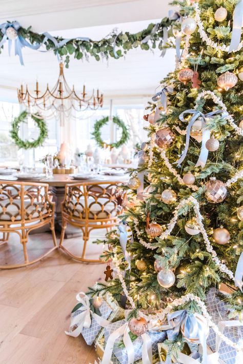 Lake House Dining Room Reveal: Modern Feminine Coastal Costal Grandma Christmas, Serena And Lily Christmas Decor, Grand Millenial Christmas Tree, Grandmillennial Christmas Tree, Christmas White Decor Ideas, Coastal Grandma Christmas, Coastal Christmas Trees, Lake House Christmas Decor, Coastal Grandmother Christmas