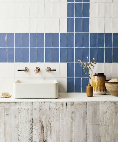 Blue and gray bathroom ideas- 7 designs to inspire calm | Real Homes Bert And May, Stone Waterfall, Reclaimed Tile, Neutral Tile, Tiles Handmade, Rectangle Tiles, Metro Tiles, Large Format Tile, Herringbone Tile