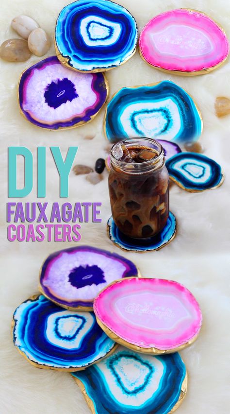 DIY Agate Coasters I've seen all over tumblr and decor blogs  agates, crystals and gems and that inspired me to create this super easy DIY for you guys! You only need some cardboard, agate prints, modpodge and gold spray paint. Click here to watch my tutorial: https://www.youtube.com/watch?v=qNjt4xyKYuk #agate #diyagatecoasters #agatecoasters #agateslices #diycrystals #diy #diyagate Cute Diy Crafts, Diy Project Ideas, Agate Coasters, Diy Coasters, Crafts For Girls, Diy For Girls, Crafts For Teens, Summer Crafts, Cool Diy