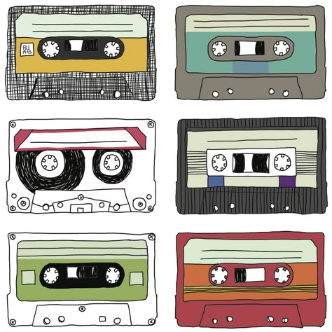 Hand drawn cassette tapes by Sara Raffaghello Cartoon Cassette Tapes, Cute Cassette Tape Drawing, Tape Drawing Cassette, How To Draw Cassette Tapes, Casette Tape Doodle, Cassette Tape Doodle, Casette Drawings, Caset Tape Drawing, Video Tape Drawing