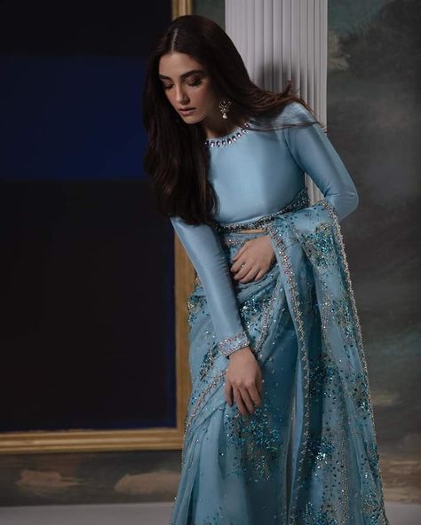 Blue Colour Saree, Denim Refashion, Crochet Patterns Ideas, Simple Saree Designs, Saree Wearing Styles, Sewing Collars, Maya Ali, Iqra Aziz, Fancy Sarees Party Wear