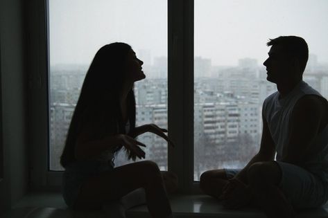 Two People Talking Aesthetic, Arguing Couples, Make Them Jealous, People Silhouette, Girl Drama, Couple Sitting, Deep Talks, Family Couple, Paint Photography