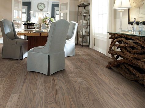 Warm Greige Hardwood Flooring  |  Dining Room Inspiration Shaw Flooring Hardwood, Hickory Hardwood Floors, Waterproof Laminate Flooring, Oak Laminate Flooring, Farmhouse Flooring, Shaw Floors, Oak Laminate, Wood Laminate Flooring, Linoleum Flooring