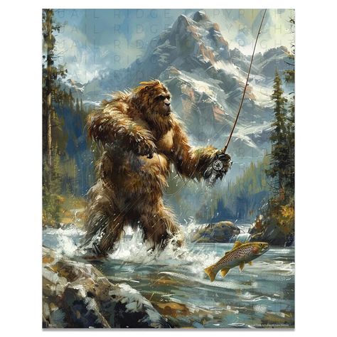 Vintage Sasquatch Bigfoot Art Print Fly Fishing Artwork Fishing Cabin Wall Decor | eBay Vintage Fishing Decor, Fishing Artwork, Bigfoot Art, Cabin Wall Decor, Fly Fishing Art, Fishing Cabin, Fishing Pictures, Lake Painting, Vintage Art Print