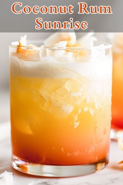 The Coconut Rum Sunrise is a tropical cocktail that blends the smooth, creamy richness of coconut with the fruity sweetness of Malibu rum, freshly squeezed orange juice, and a touch of grenadine. Rum Mixed Drinks, Malibu Rum Drinks, Layered Drinks, Vibrant Gradient, Squeezed Orange Juice, Liquor Recipes, Cocktail Drinks Alcoholic, Orange Cocktails, Malibu Rum