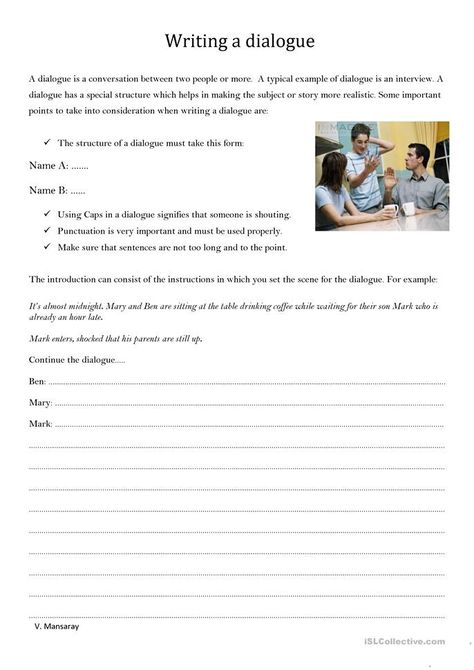 Writing a dialogue - English ESL Worksheets for distance learning and physical classrooms Dialogue Writing Worksheets, Dialogue Worksheet, Dialogue Rules, Punctuating Dialogue, Conversation Between Two People, Dialogue Writing, Writing Pictures, Algebra Worksheets, Writing Exercises