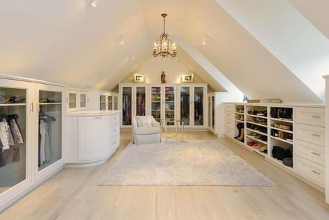 Walk in closet with arched ceiling crystal chandelier and European oak floors Attic Walk In Closet, Beautiful Walk In Closet, Attic Renovation Ideas, Dressing Design, Attic Closet, Walking Closet, Attic Room, Walk In Closet Design, Small Attic