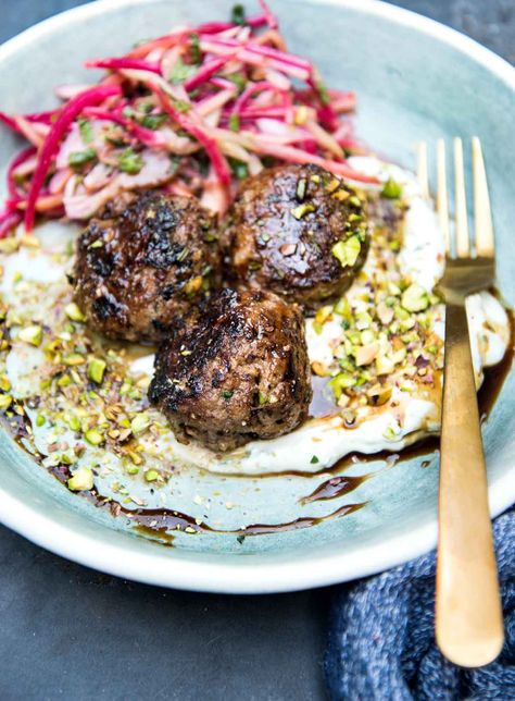 Pomegranate-Glazed Lamb Meatballs with Radish-Rhubarb Slaw and Spiced Yogurt - WILD GREENS & SARDINES Lasagna Bread, How To Cook Rhubarb, Smoked Salmon Frittata, Fat Burning Fruits, Meatball Dinner, Glazed Meatballs, Watermelon Radish, Lamb Meatballs, Eat Seasonal