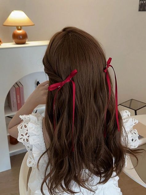 2pcs Women's Burgundy Polyester Woven Ribbon Bow With Silk Ribbon Hair Clip, Sweet And Cute Hair Decoration With Streamers For Daily Use, Hair Accessories Set | SHEIN USA Red Ribbon Hairstyles, Hair With Red Ribbon, Red Ribbon Hair, Red Hair Ribbon, Hair Clip Ins, Ribbon Hair Clip, Red Hair Clips, Ribbon Braids, Woven Ribbon