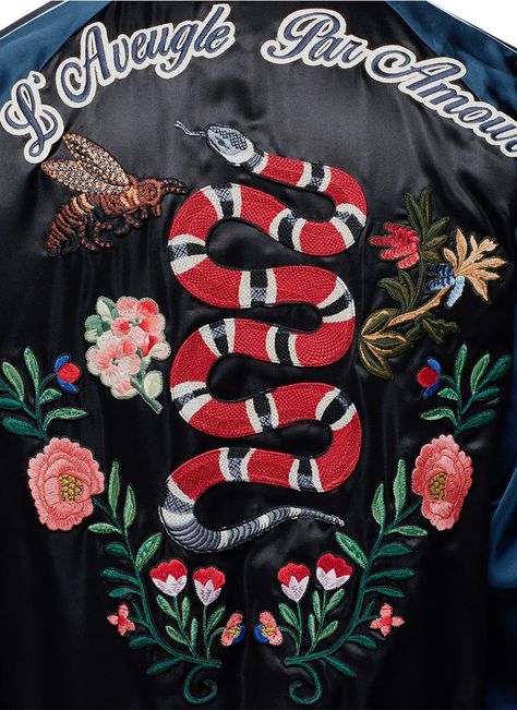 Upcycled Leather Jacket, Snake Jacket, Gucci Embroidery, Snake Patch, Gucci Snake, Floral Snake, Leather Jacket Patches, Deconstruction Fashion, Painted Leather Jacket