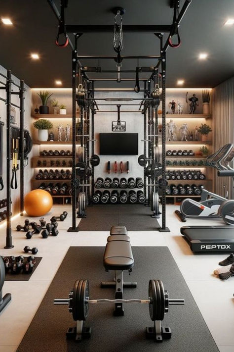 Home gyms don't need to be bleak. Workout equipment that’s been relegated to your basement or tucked into a garage corner can still look really good—with the help of a little paint, wallpaper, good lighting, and a few plants, you can totally transform the space you break a sweat in. Home Gym Interior Design Nails Moody Farmhouse Modern Farmhouse Rutic Decor Home Inspo Yoga Trends Yoga Poses Fitness Studio Ideas Fitness Inspo Nail Ideas House Gym Ideas Small Spaces, Mini Gym At Home, Ruang Gym, Small Home Gym Ideas, Home Gym Basement, Home Gym Inspiration, Basketball Room, Dream Home Gym, Home Gym Ideas