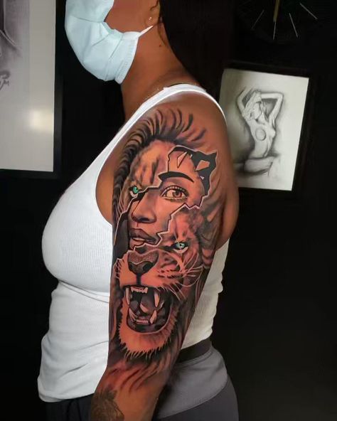 Animal Tattoos For Women Leg, Back Of Neck Tattoo Black Women, Shoulder Half Sleeve Tattoo For Women Black, Lion Hearted Tattoo, Raw Tattoos For Women, Tiger Shoulder Tattoo Woman, Lion Shoulder Tattoos For Women, Big Shoulder Tattoo, Half Lion Half Woman Tattoo