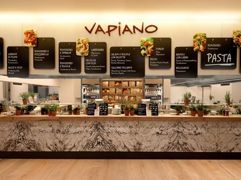 Food & Beverage retail system, Vapiano by Matteo Thun & Partners | Café interiors Restaurant Counter, Food Counter, Pasta Restaurants, Pasta Bar, Bar Inspiration, Nice Food, Basil Plant, Counter Design, Pizza Place